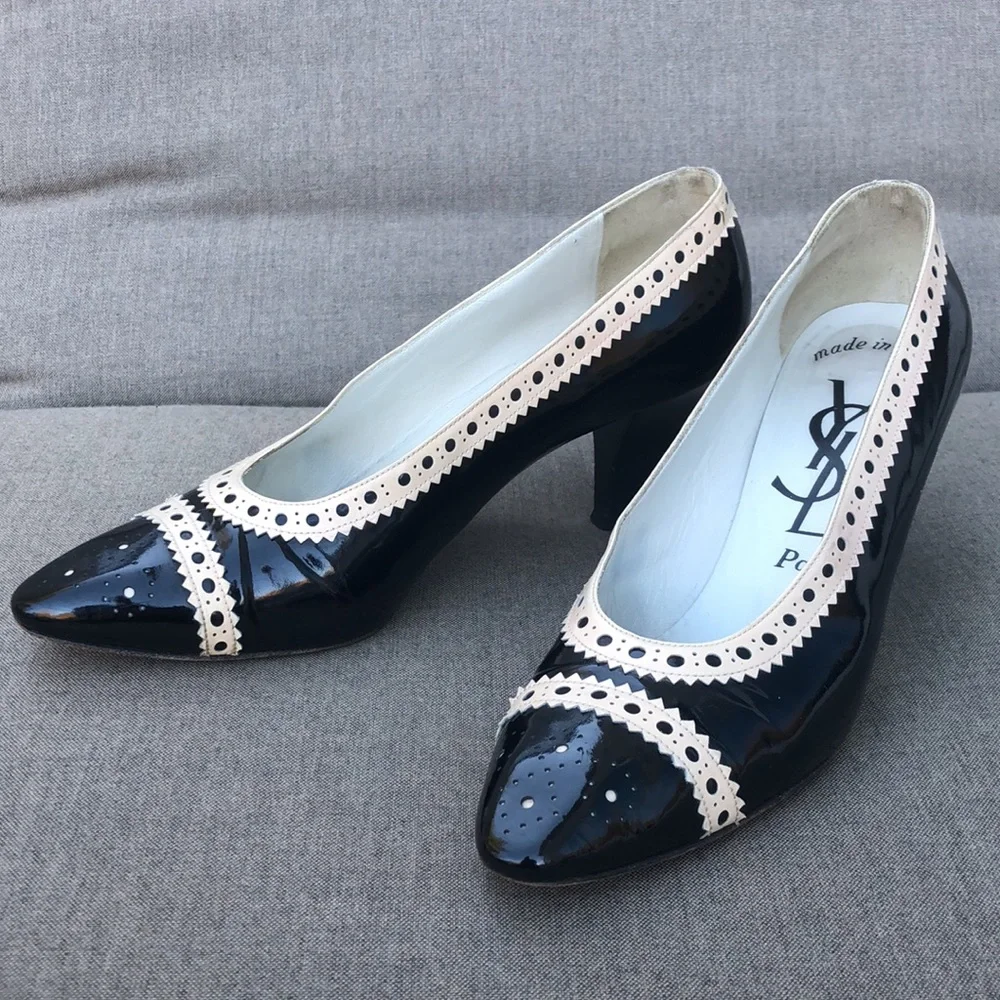 YSL Vintage Patent Spectator Pump in Ivory & Black - Picture 13 of 13